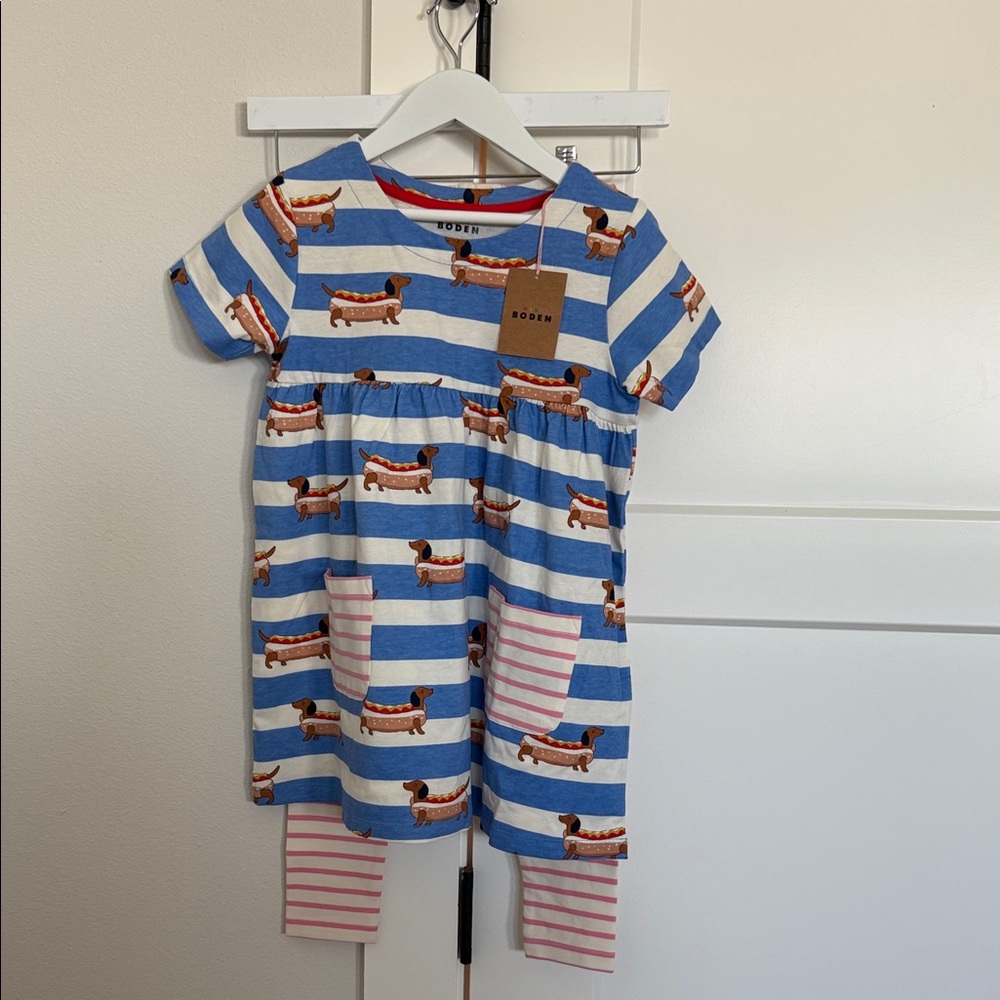 NWT Mini Boden Blue and White Striped Hot Dog Print Outfit